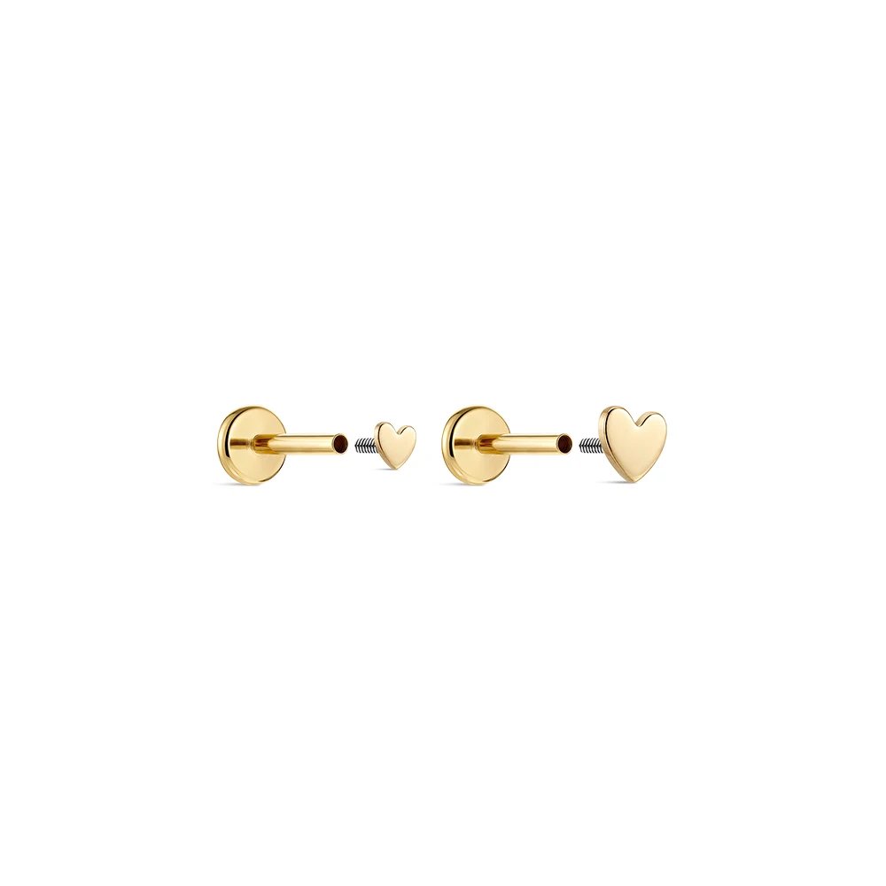 CANNER 14K Solid Gold Multi-size Mini Flat Back Piercing Earrings For Women Classic Glossy Heart Birthday Anniversary Gifts