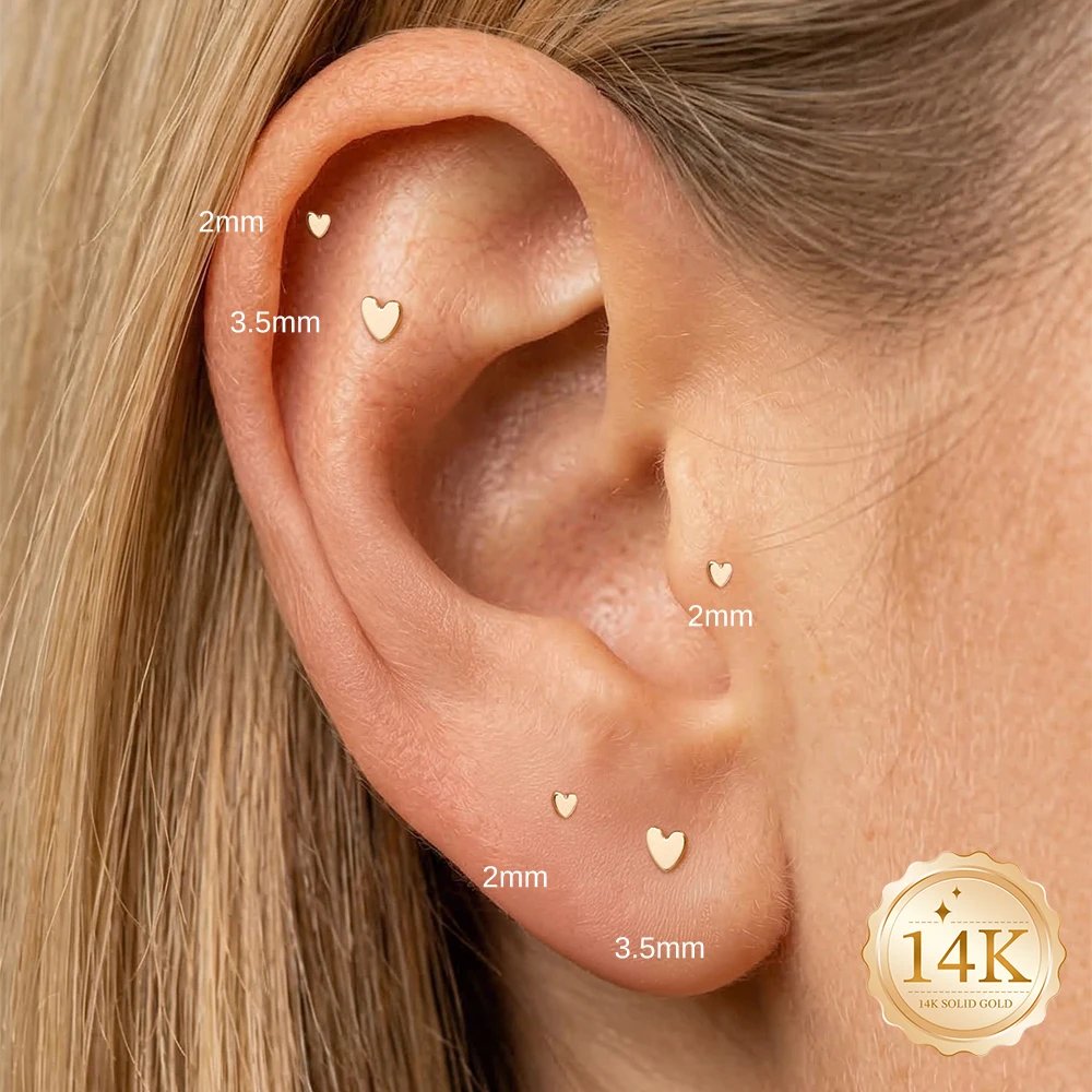 CANNER 14K Solid Gold Multi-size Mini Flat Back Piercing Earrings For Women Classic Glossy Heart Birthday Anniversary Gifts