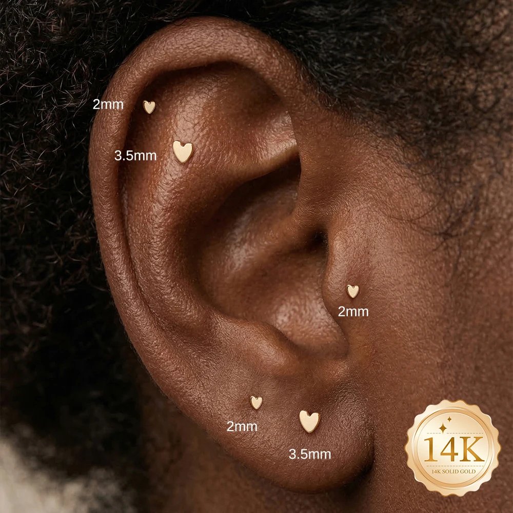 CANNER 14K Solid Gold Multi-size Mini Flat Back Piercing Earrings For Women Classic Glossy Heart Birthday Anniversary Gifts