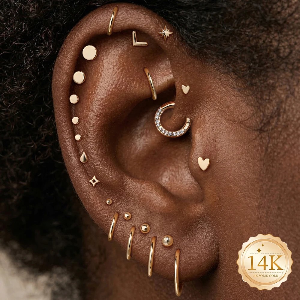 CANNER 14K Solid Gold Multi-size Mini Flat Back Piercing Earrings For Women Classic Glossy Heart Birthday Anniversary Gifts