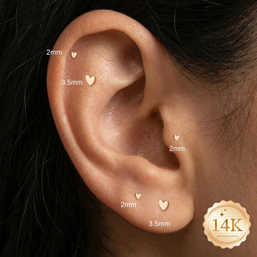 CANNER 14K Solid Gold Multi-size Mini Flat Back Piercing Earrings For Women Classic Glossy Heart Birthday Anniversary Gifts