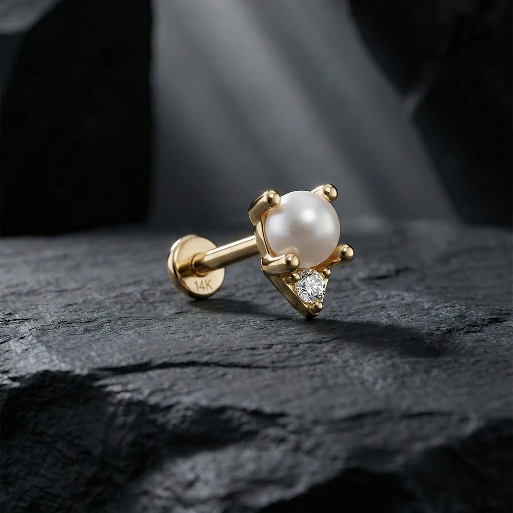 AIDE 14K Solid Gold Geometric Star/Flower Piercing Earrings For Women Dainty Luxury Flat Back Earrings Party Daily Wear Gifts