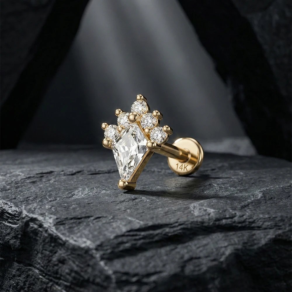 AIDE 14K Solid Gold Geometric Star/Flower Piercing Earrings For Women Dainty Luxury Flat Back Earrings Party Daily Wear Gifts