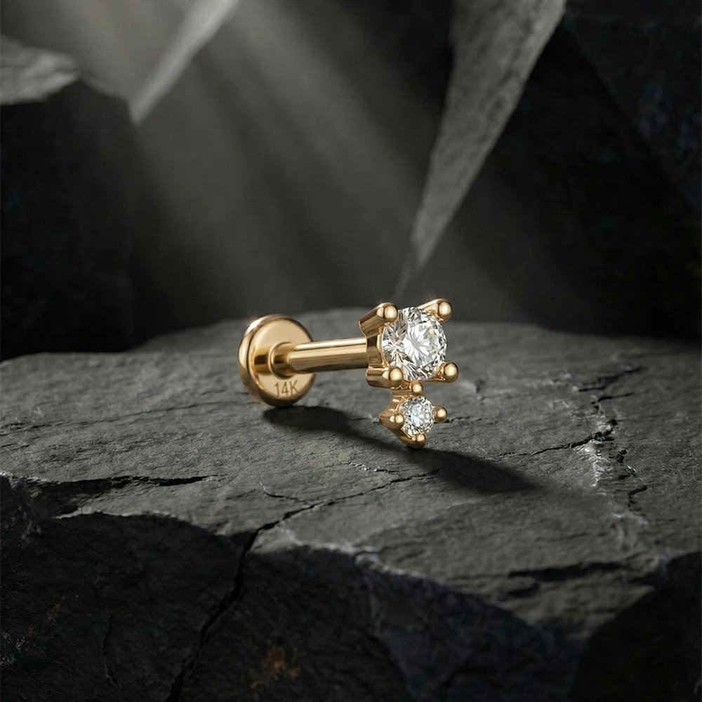 AIDE 14K Solid Gold Geometric Star/Flower Piercing Earrings For Women Dainty Luxury Flat Back Earrings Party Daily Wear Gifts