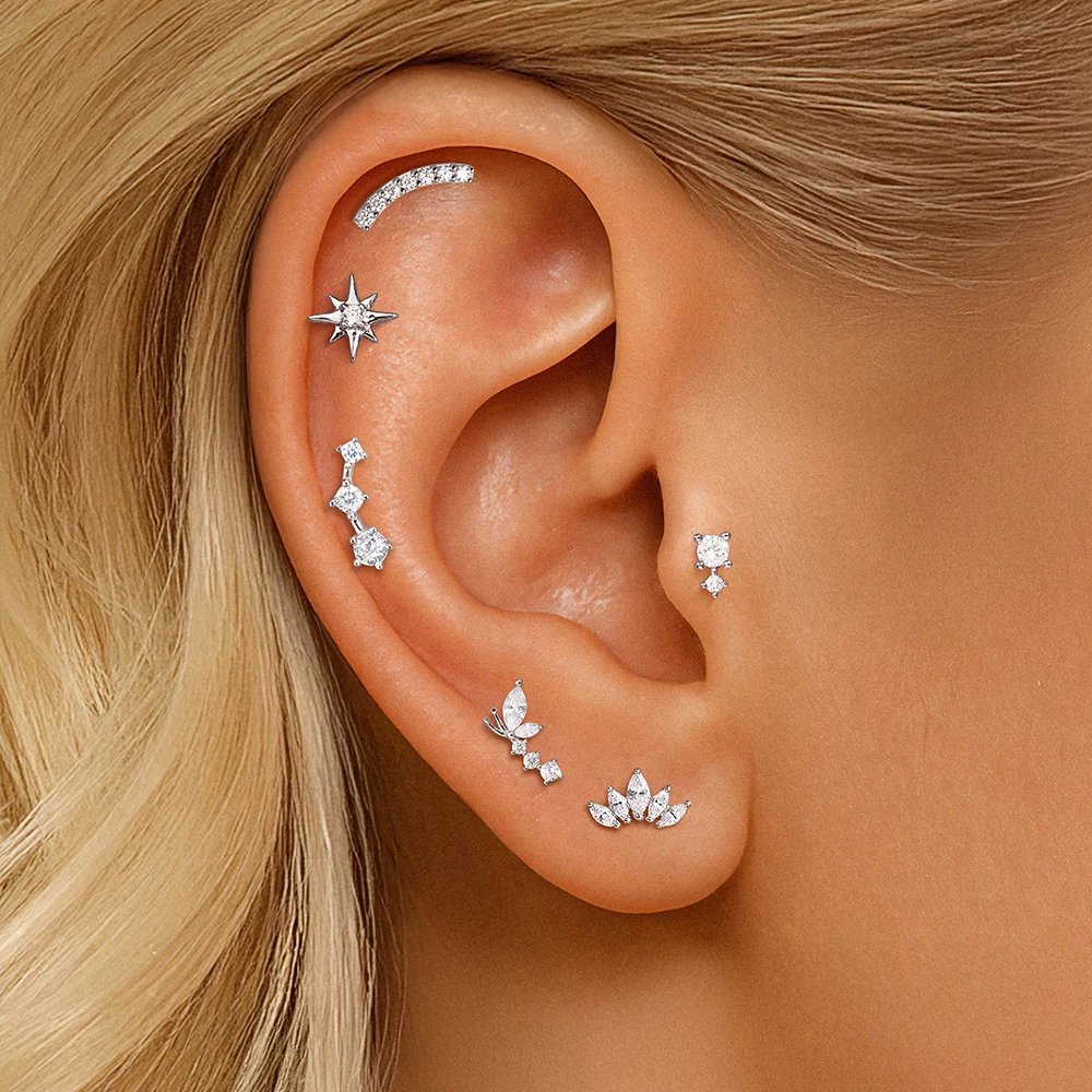 AIDE 14K Solid Gold Geometric Star/Flower Piercing Earrings For Women Dainty Luxury Flat Back Earrings Party Daily Wear Gifts