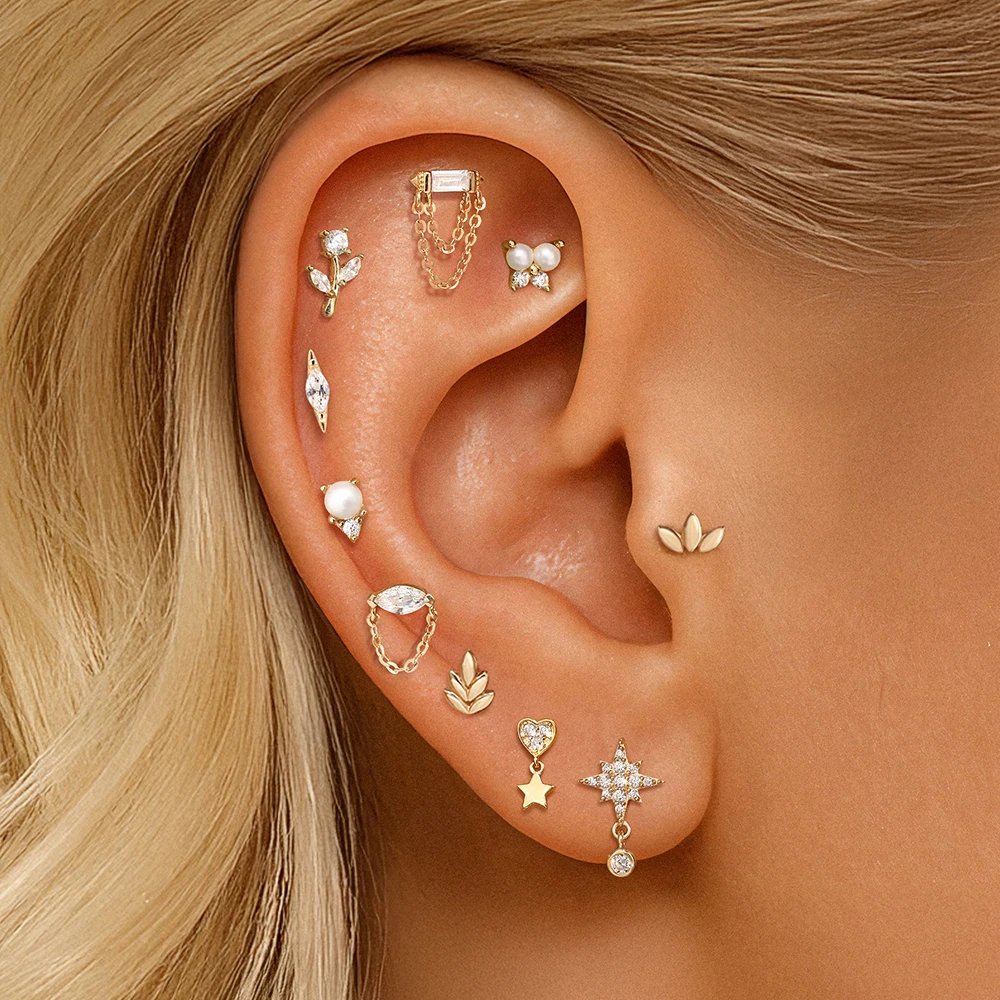 AIDE 14K Solid Gold Geometric Star/Flower Piercing Earrings For Women Dainty Luxury Flat Back Earrings Party Daily Wear Gifts