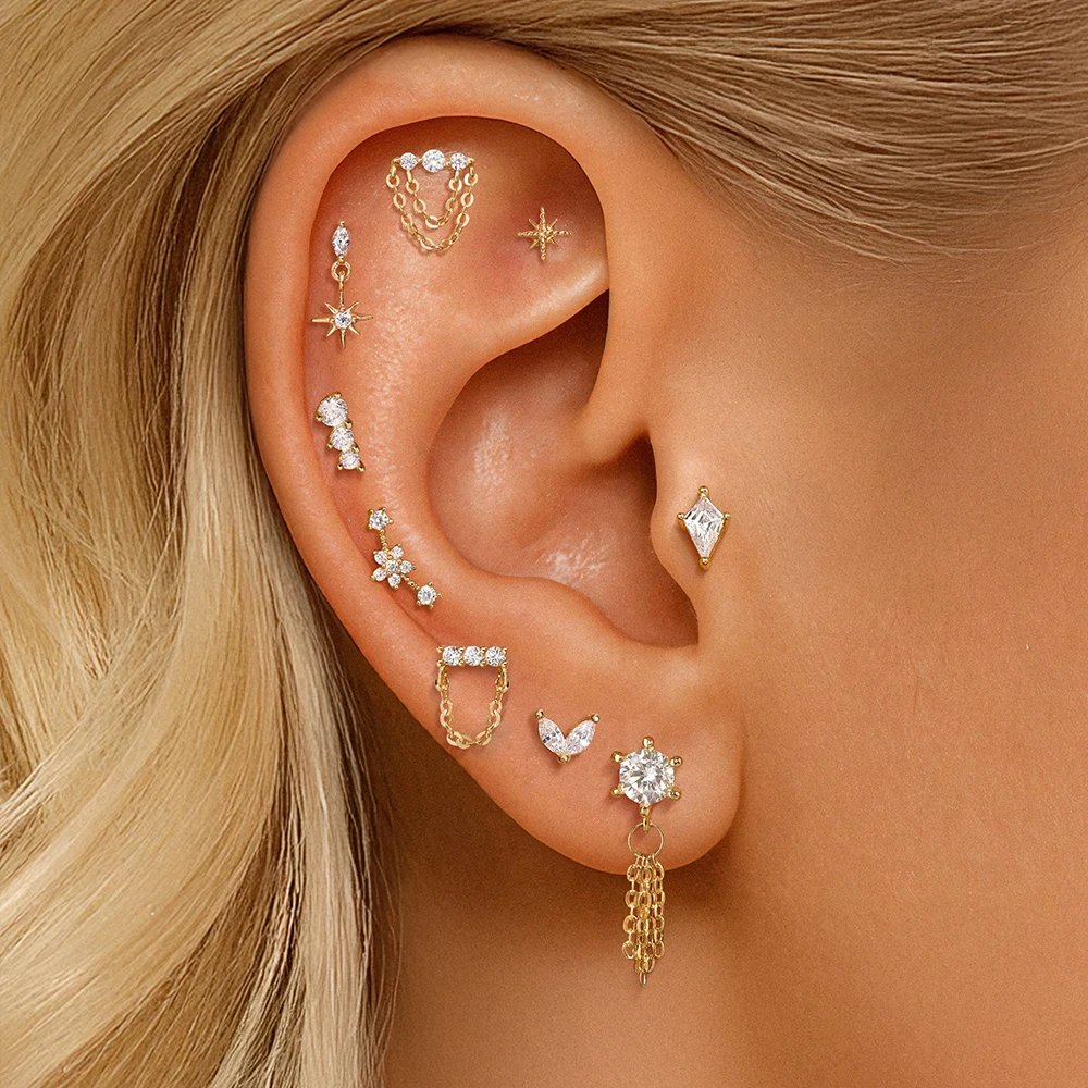 AIDE 14K Solid Gold Geometric Star/Flower Piercing Earrings For Women Dainty Luxury Flat Back Earrings Party Daily Wear Gifts