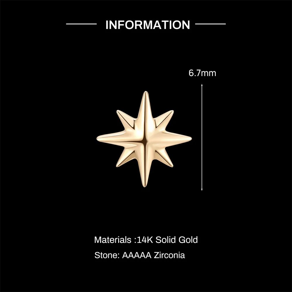 AIDE 14K Solid Gold Geometric Star/Flower Piercing Earrings For Women Dainty Luxury Flat Back Earrings Party Daily Wear Gifts