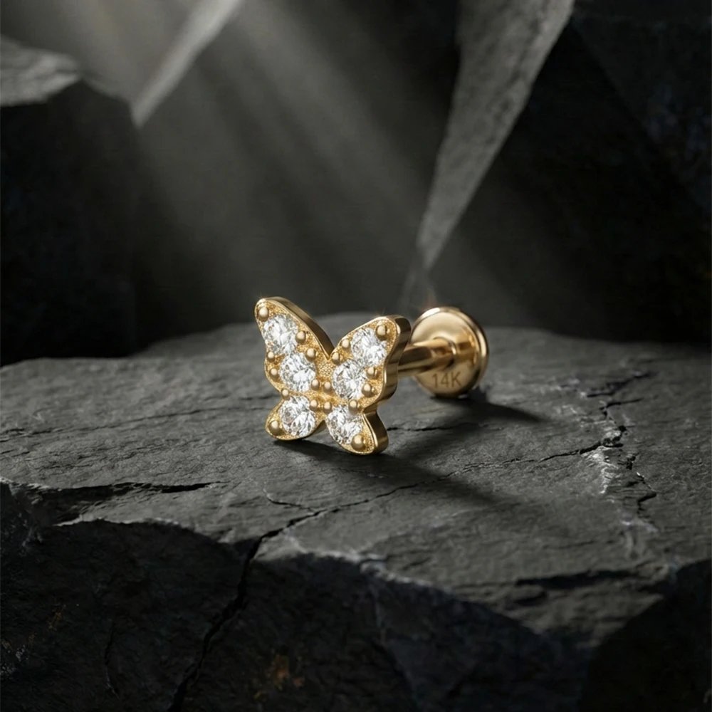 AIDE 14K Solid Gold Geometric Star/Flower Piercing Earrings For Women Dainty Luxury Flat Back Earrings Party Daily Wear Gifts
