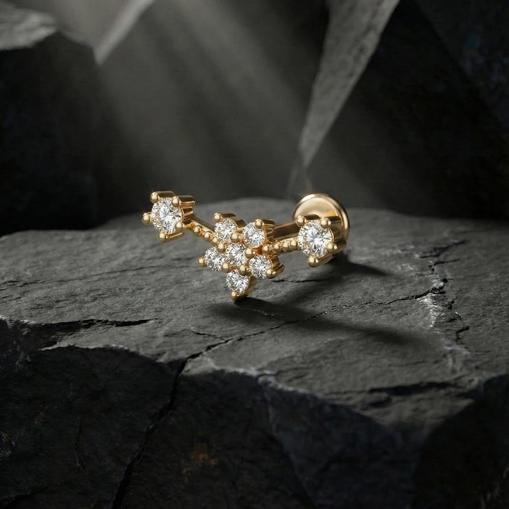 AIDE 14K Solid Gold Geometric Star/Flower Piercing Earrings For Women Dainty Luxury Flat Back Earrings Party Daily Wear Gifts
