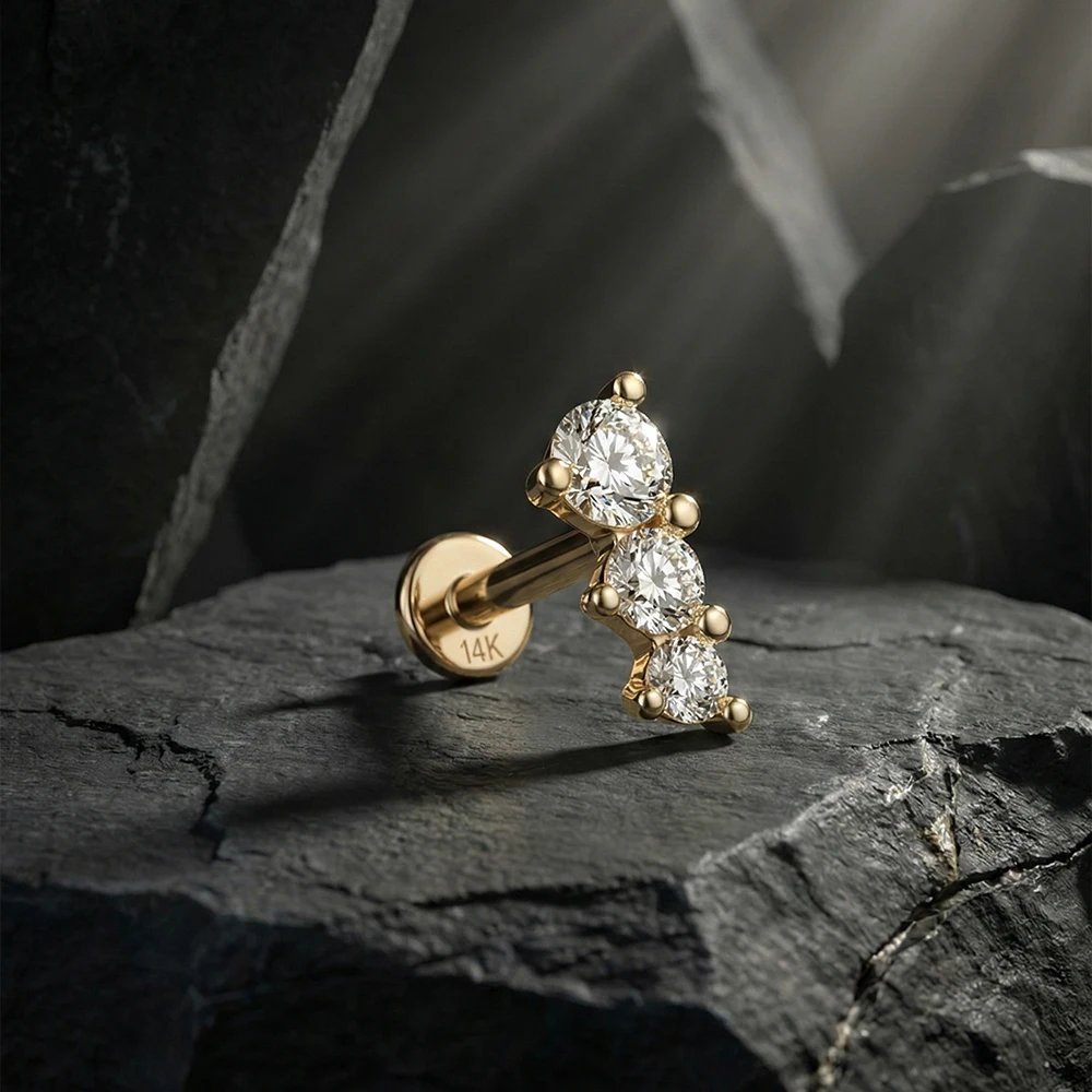AIDE 14K Solid Gold Geometric Star/Flower Piercing Earrings For Women Dainty Luxury Flat Back Earrings Party Daily Wear Gifts