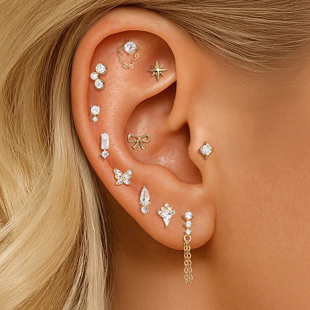 AIDE 14K Solid Gold Geometric Star/Flower Piercing Earrings For Women Dainty Luxury Flat Back Earrings Party Daily Wear Gifts