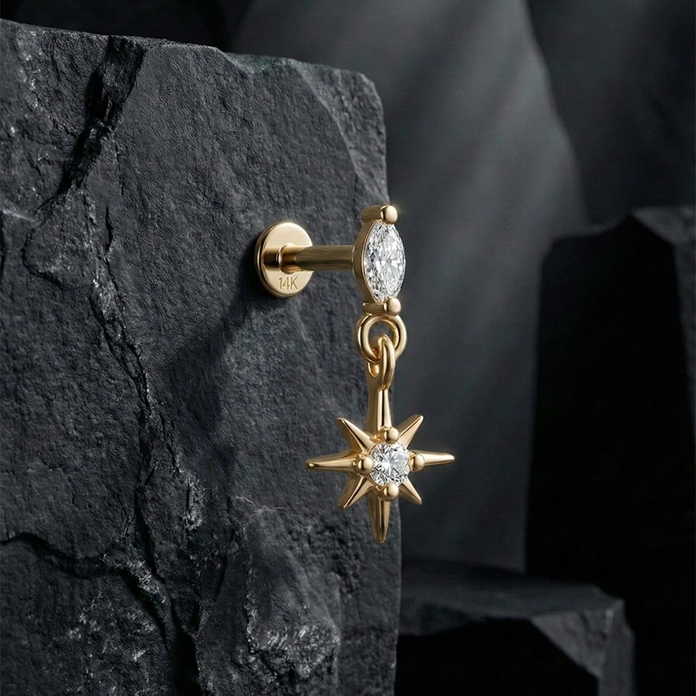 AIDE 14K Solid Gold Geometric Star/Flower Piercing Earrings For Women Dainty Luxury Flat Back Earrings Party Daily Wear Gifts