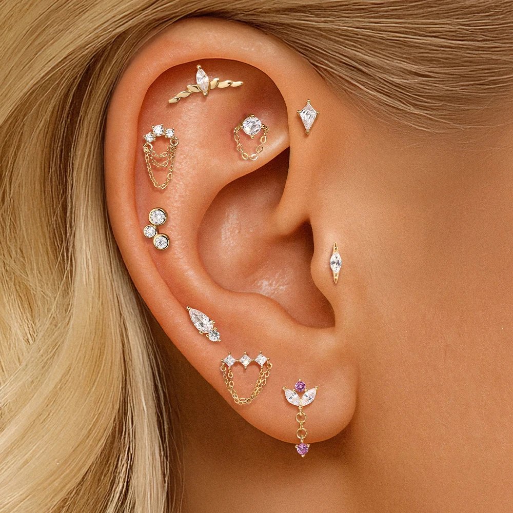 AIDE 14K Solid Gold Geometric Star/Flower Piercing Earrings For Women Dainty Luxury Flat Back Earrings Party Daily Wear Gifts