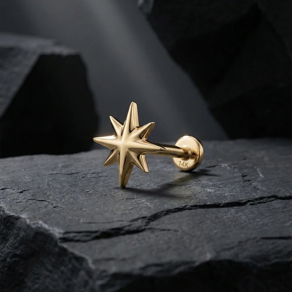 AIDE 14K Solid Gold Geometric Star/Flower Piercing Earrings For Women Dainty Luxury Flat Back Earrings Party Daily Wear Gifts