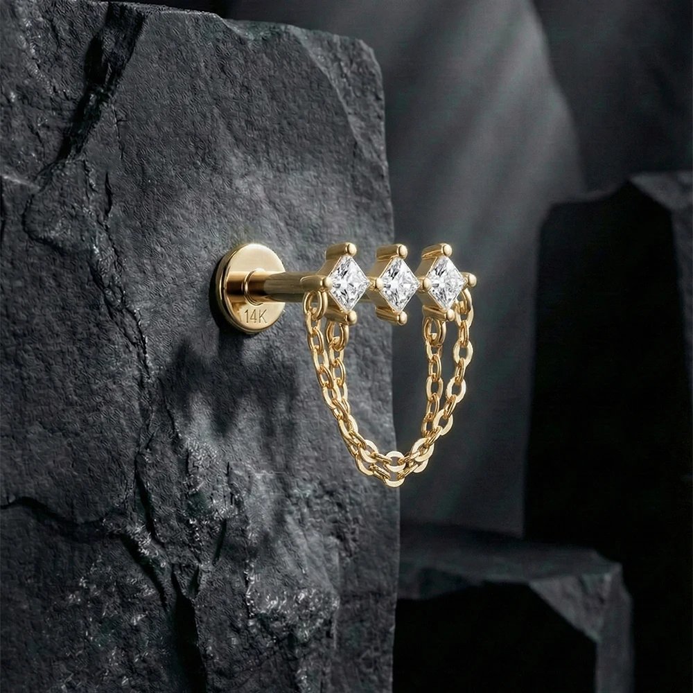 AIDE 14K Solid Gold Geometric Star/Flower Piercing Earrings For Women Dainty Luxury Flat Back Earrings Party Daily Wear Gifts