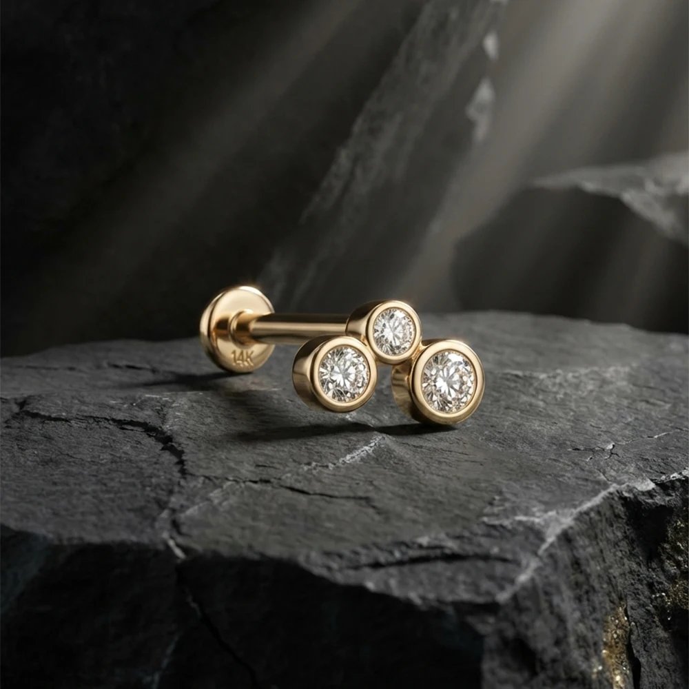 AIDE 14K Solid Gold Geometric Star/Flower Piercing Earrings For Women Dainty Luxury Flat Back Earrings Party Daily Wear Gifts