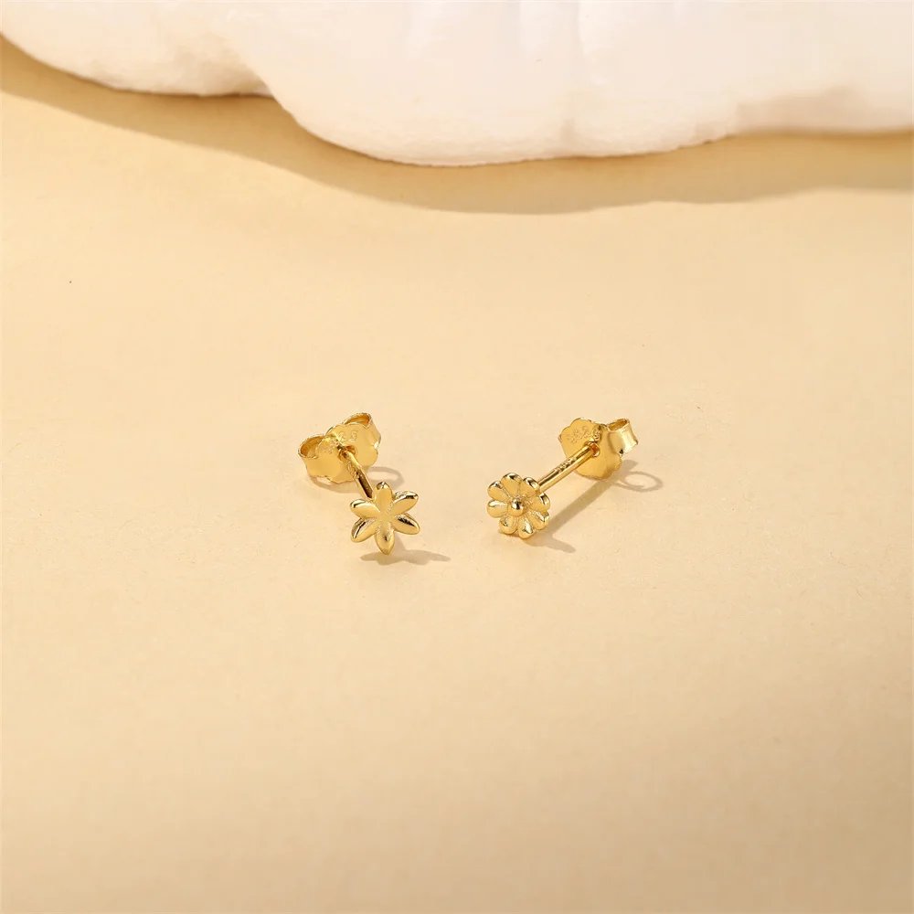 ROXI 925 Sterling Silver Golden AB Style Smooth Flower Element For Women Mini Cute Piercing Earrings Minimalist Fashion
