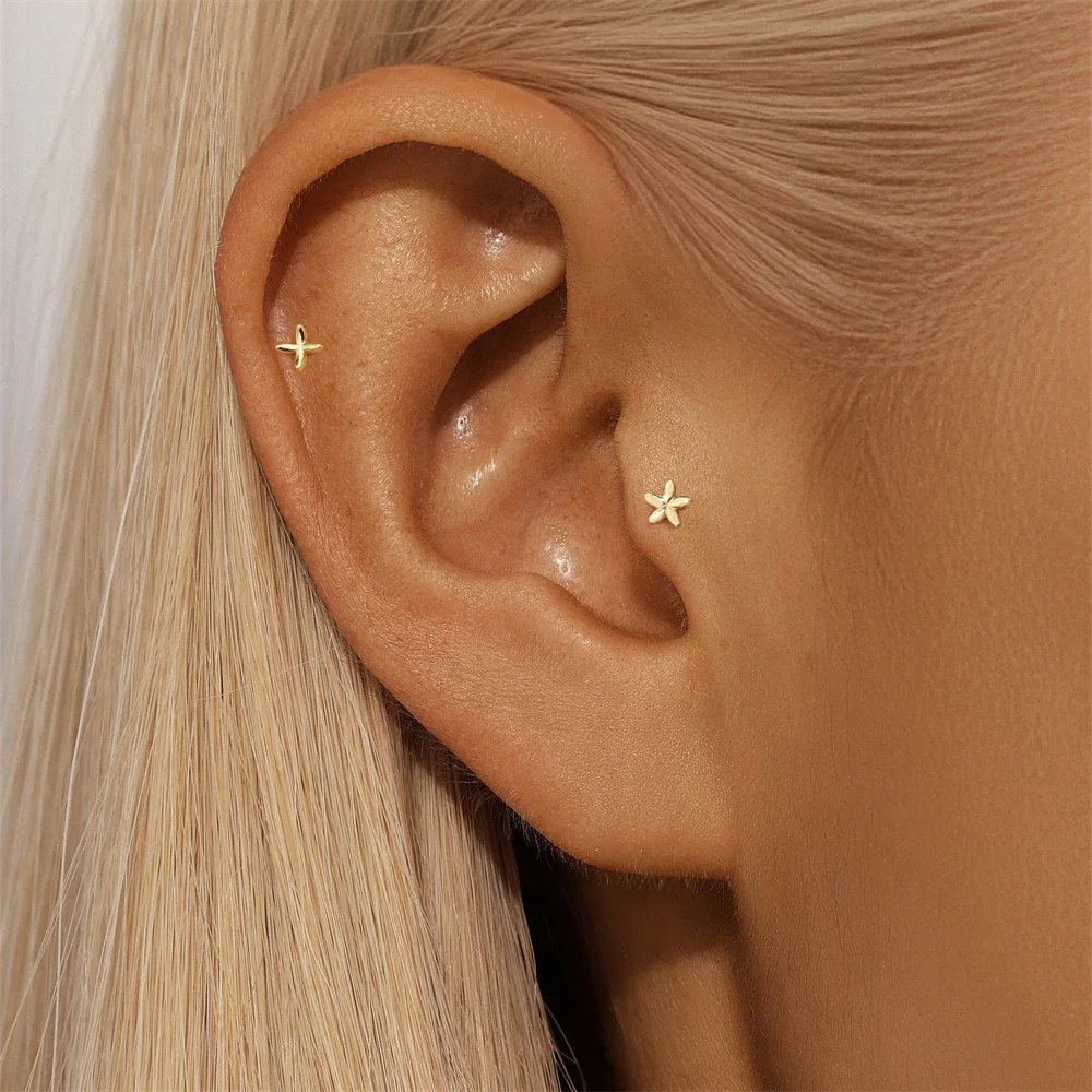 ROXI 925 Sterling Silver Golden AB Style Smooth Flower Element For Women Mini Cute Piercing Earrings Minimalist Fashion