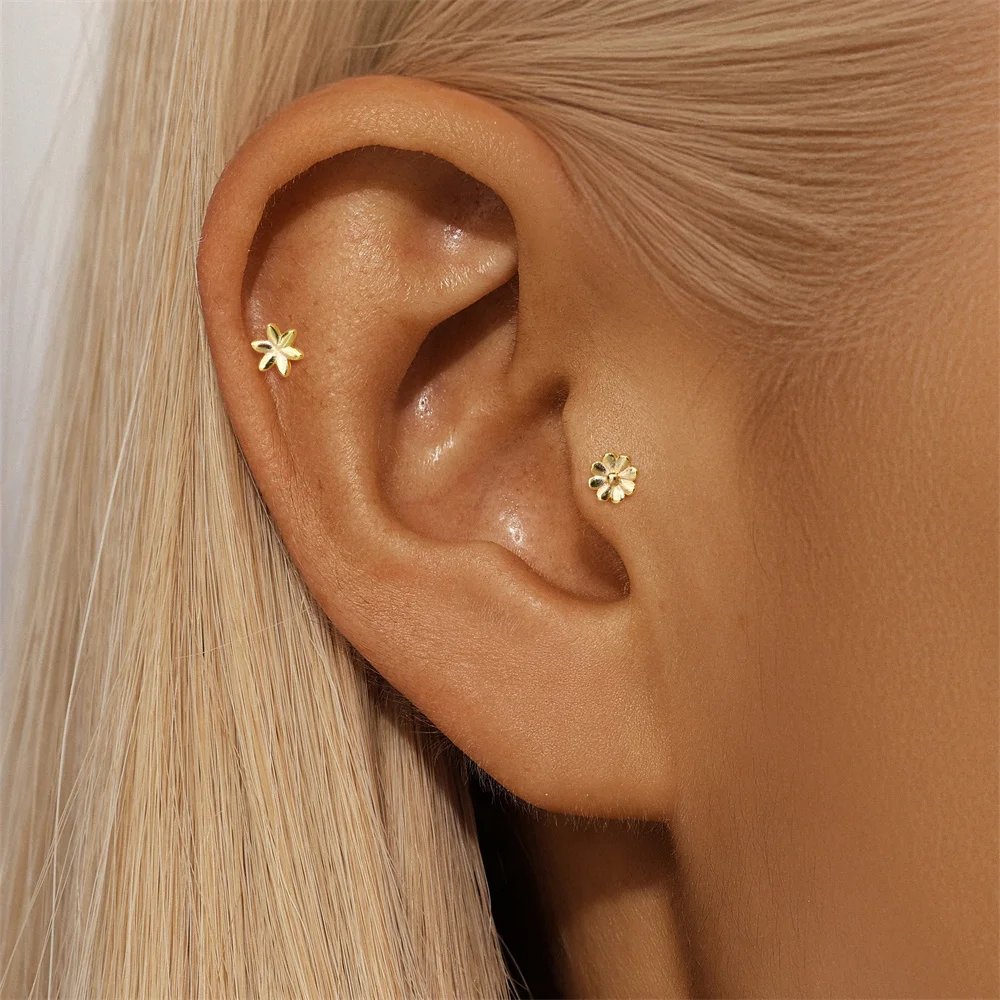 ROXI 925 Sterling Silver Golden AB Style Smooth Flower Element For Women Mini Cute Piercing Earrings Minimalist Fashion