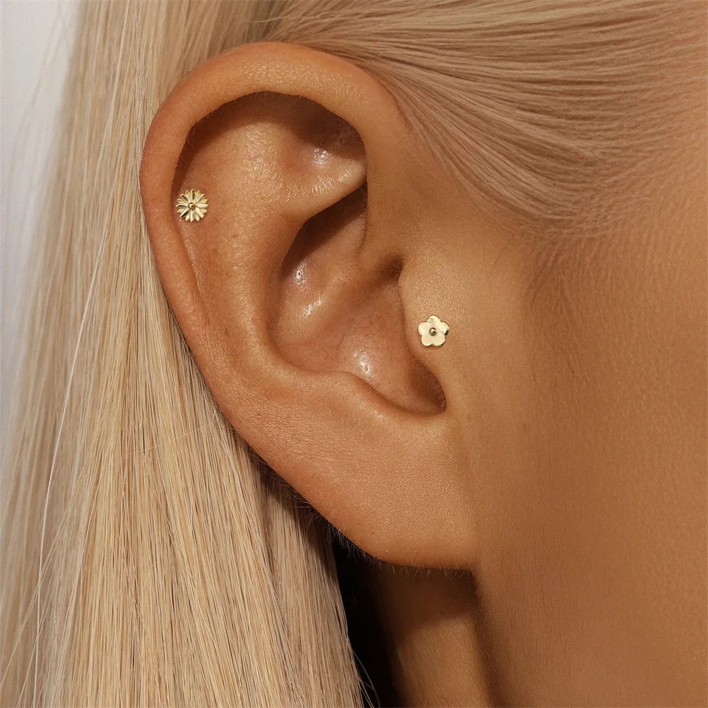 ROXI 925 Sterling Silver Golden AB Style Smooth Flower Element For Women Mini Cute Piercing Earrings Minimalist Fashion
