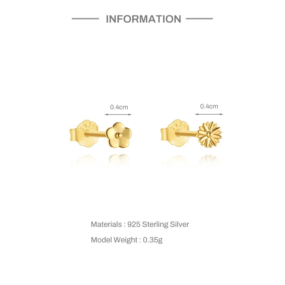 ROXI 925 Sterling Silver Golden AB Style Smooth Flower Element For Women Mini Cute Piercing Earrings Minimalist Fashion