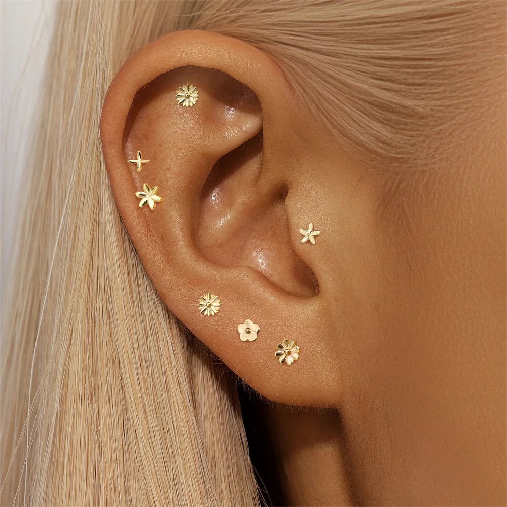 ROXI 925 Sterling Silver Golden AB Style Smooth Flower Element For Women Mini Cute Piercing Earrings Minimalist Fashion