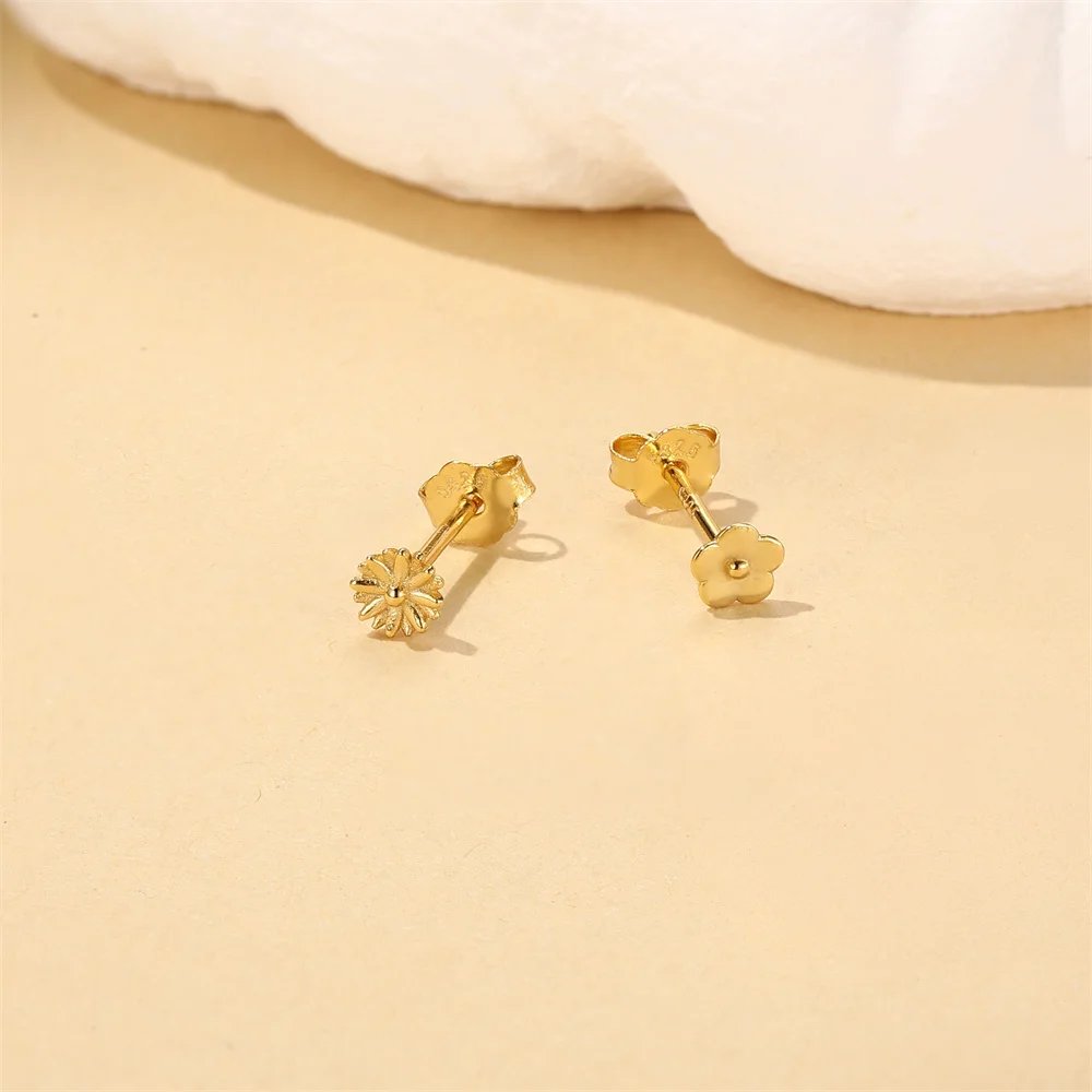 ROXI 925 Sterling Silver Golden AB Style Smooth Flower Element For Women Mini Cute Piercing Earrings Minimalist Fashion