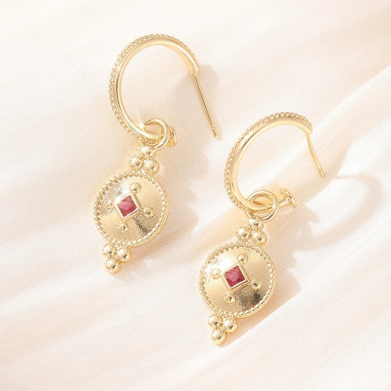 Fashion Vintage Red Synthetic Zirconia Geometric Dangle Earrings Women's Elegant Charm Golden Plated Banquet Jewelry Accessories