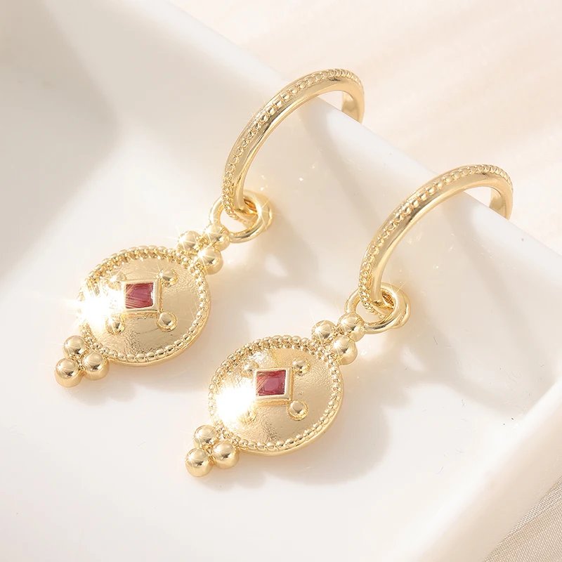 Fashion Vintage Red Synthetic Zirconia Geometric Dangle Earrings Women's Elegant Charm Golden Plated Banquet Jewelry Accessories