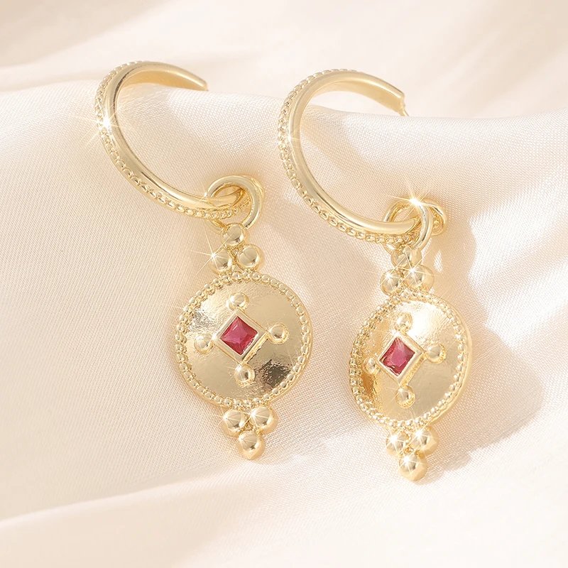 Fashion Vintage Red Synthetic Zirconia Geometric Dangle Earrings Women's Elegant Charm Golden Plated Banquet Jewelry Accessories