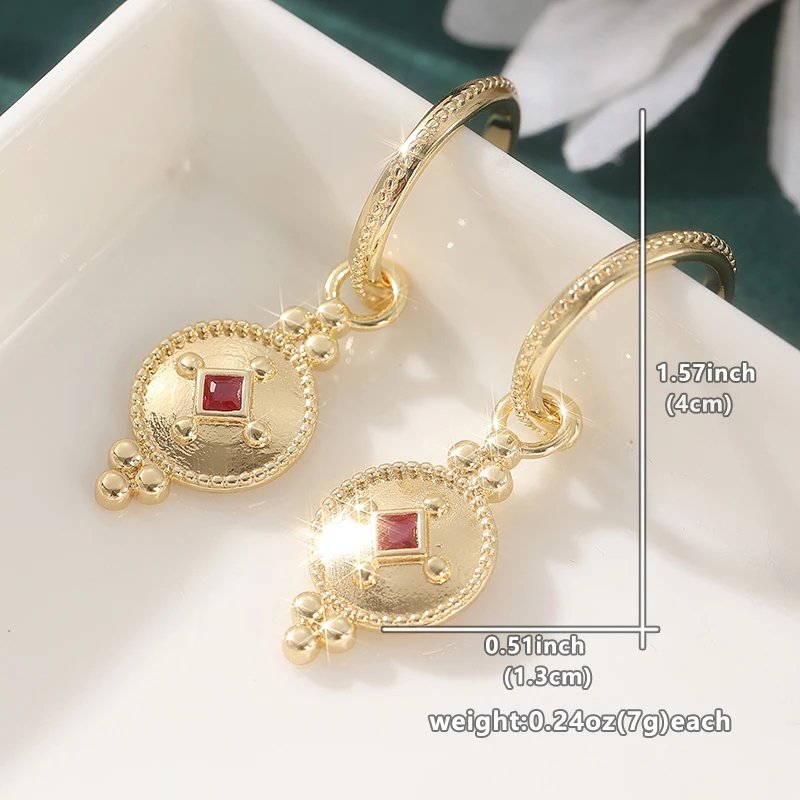 Fashion Vintage Red Synthetic Zirconia Geometric Dangle Earrings Women's Elegant Charm Golden Plated Banquet Jewelry Accessories