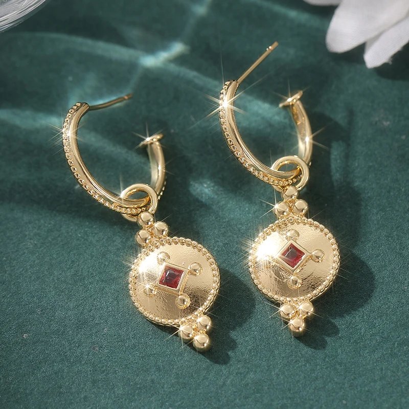 Fashion Vintage Red Synthetic Zirconia Geometric Dangle Earrings Women's Elegant Charm Golden Plated Banquet Jewelry Accessories
