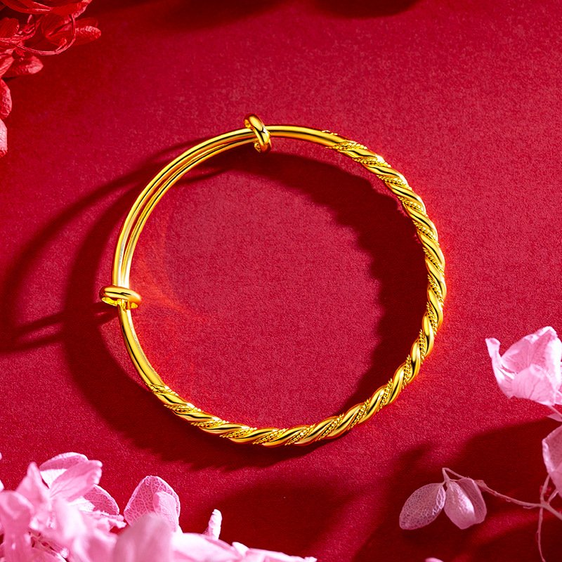 18K Gold Pure Yellow Bangles 999 Adjustable Fried Dough Twist Luxury Women Wedding Trendy Party Jewelry Bracelets