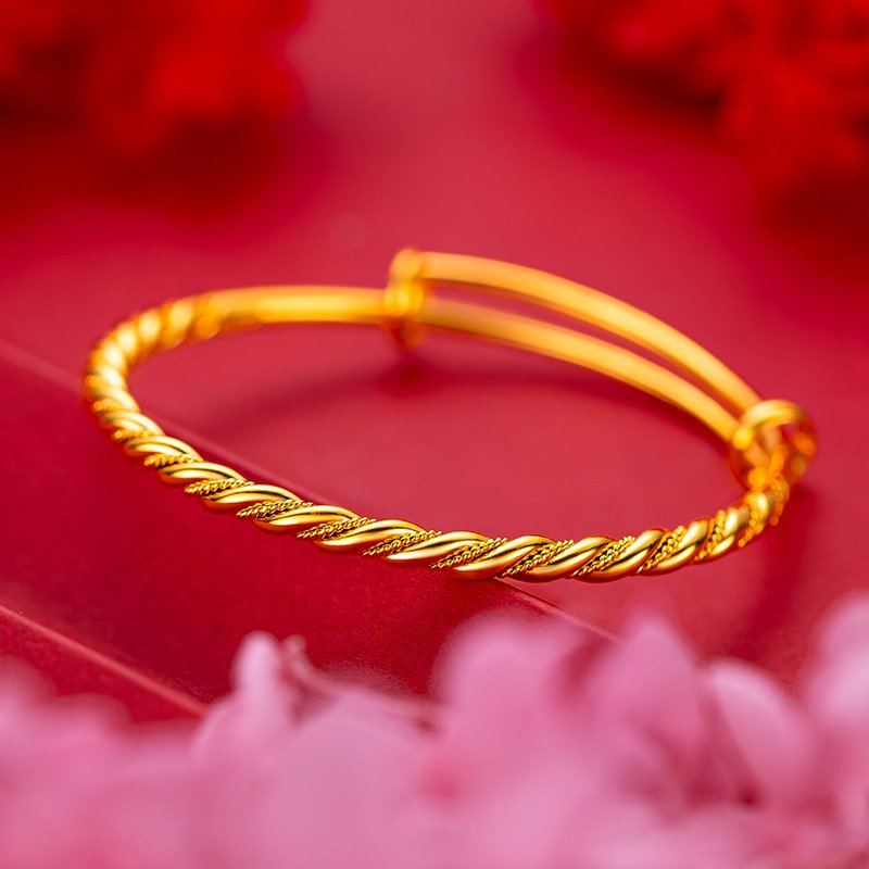 18K Gold Pure Yellow Bangles 999 Adjustable Fried Dough Twist Luxury Women Wedding Trendy Party Jewelry Bracelets