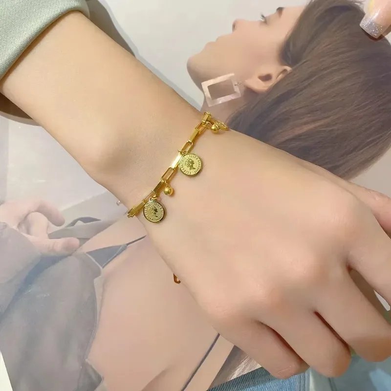 1PCS Gold-color Bracelet Ladies Hip Hop Style Stainless Steel Round Sign Portrait Pendant Wide Cross Chain Jewelry Accessories 1PCS Gold-color Bracelet Ladies Hip Hop Style Stainless Steel Round Sign Portrait Pendant Wide Cross Chain Jewelry Accessories
