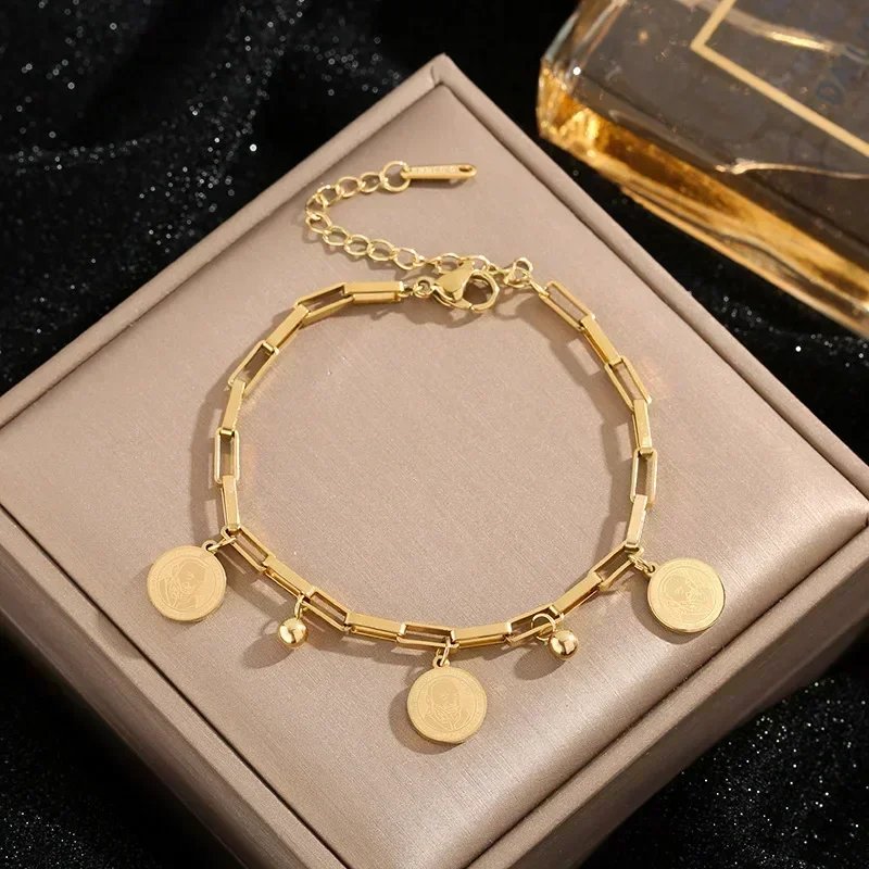1PCS Gold-color Bracelet Ladies Hip Hop Style Stainless Steel Round Sign Portrait Pendant Wide Cross Chain Jewelry Accessories 1PCS Gold-color Bracelet Ladies Hip Hop Style Stainless Steel Round Sign Portrait Pendant Wide Cross Chain Jewelry Accessories