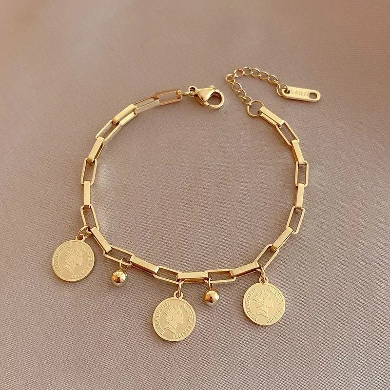 1PCS Gold-color Bracelet Ladies Hip Hop Style Stainless Steel Round Sign Portrait Pendant Wide Cross Chain Jewelry Accessories 1PCS Gold-color Bracelet Ladies Hip Hop Style Stainless Steel Round Sign Portrait Pendant Wide Cross Chain Jewelry Accessories