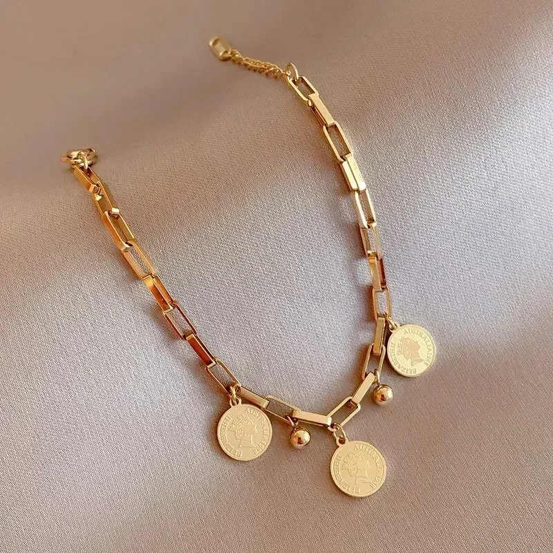 1PCS Gold-color Bracelet Ladies Hip Hop Style Stainless Steel Round Sign Portrait Pendant Wide Cross Chain Jewelry Accessories 1PCS Gold-color Bracelet Ladies Hip Hop Style Stainless Steel Round Sign Portrait Pendant Wide Cross Chain Jewelry Accessories