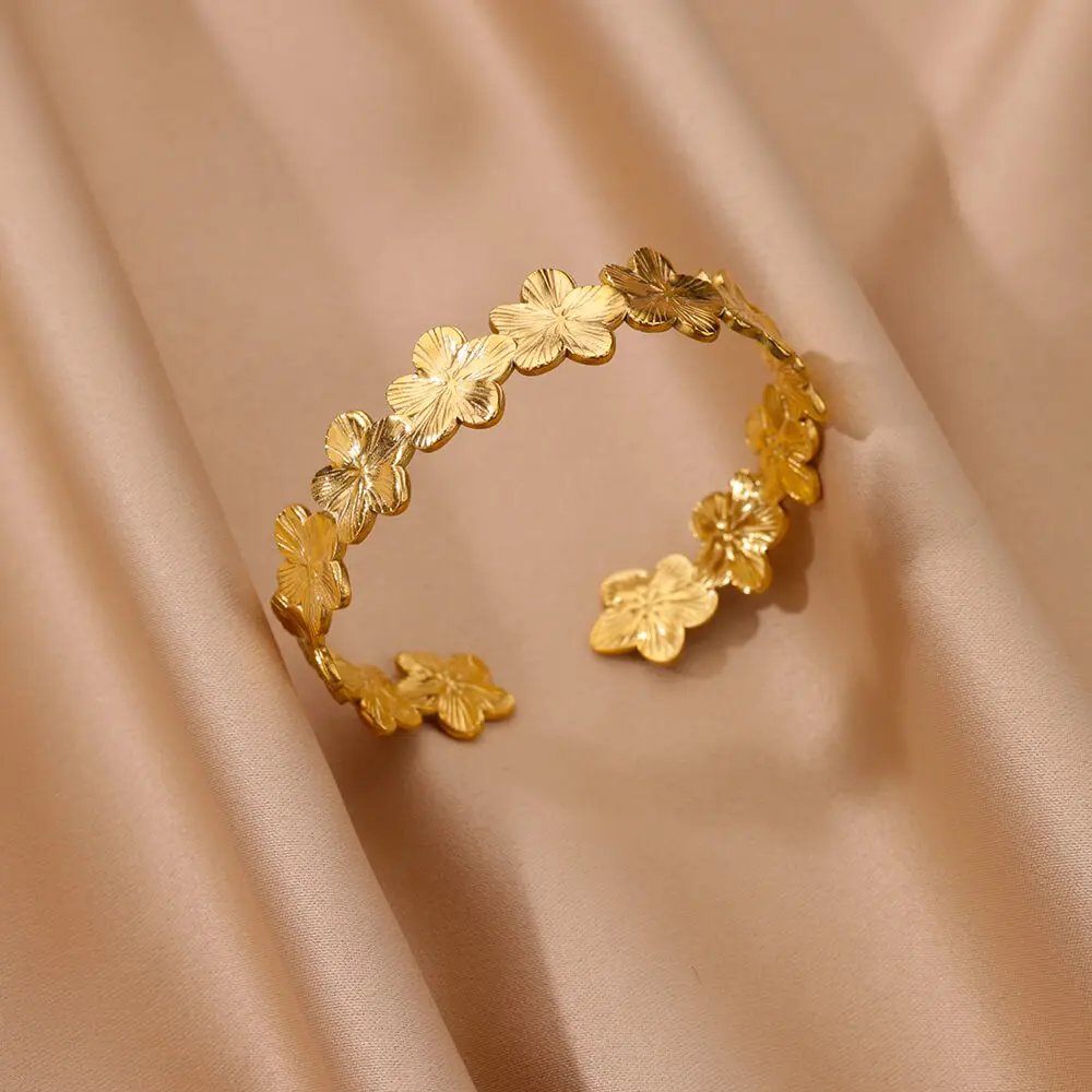 Vintage Flower Cuff Bracelet Bangle for Women Gold Color Flora Stainless Steel Bangles Casting Aesthetic Couple Wrist Jewelry Vintage Flower Cuff Bracelet Bangle for Women Gold Color Flora Stainless Steel Bangles Casting Aesthetic Couple Wrist Jewelry