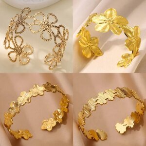 Exquisite Flower Bangles For Women Gold Color Fashion Open Flower Cuff Bracelets Bangle Party Jewelry Gift