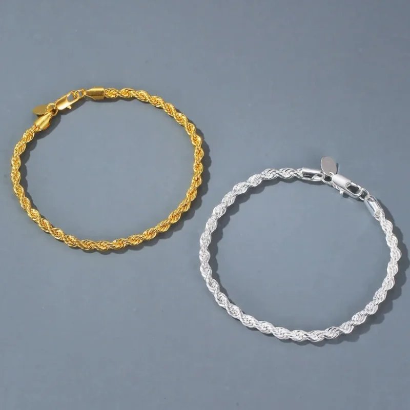18k Gold Plated 925 Sterling Silver 4MM Chain Bracelets for Men Women Unisex Simple Charm Bracelet Wedding Party Gift 20cm 8in