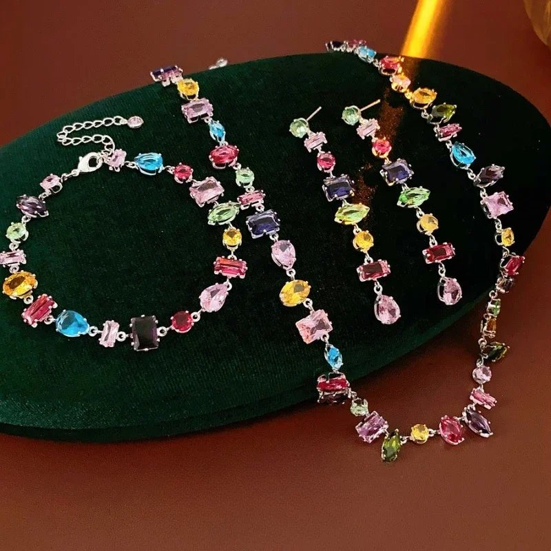 Colorful Dopamine Zircon Crystal Beaded Bohemian Charm Bracelet Necklace Earrings Set Summer Beach Jewelry Party Gift for Women Colorful Dopamine Zircon Crystal Beaded Bohemian Charm Bracelet Necklace Earrings Set Summer Beach Jewelry Party Gift for Women