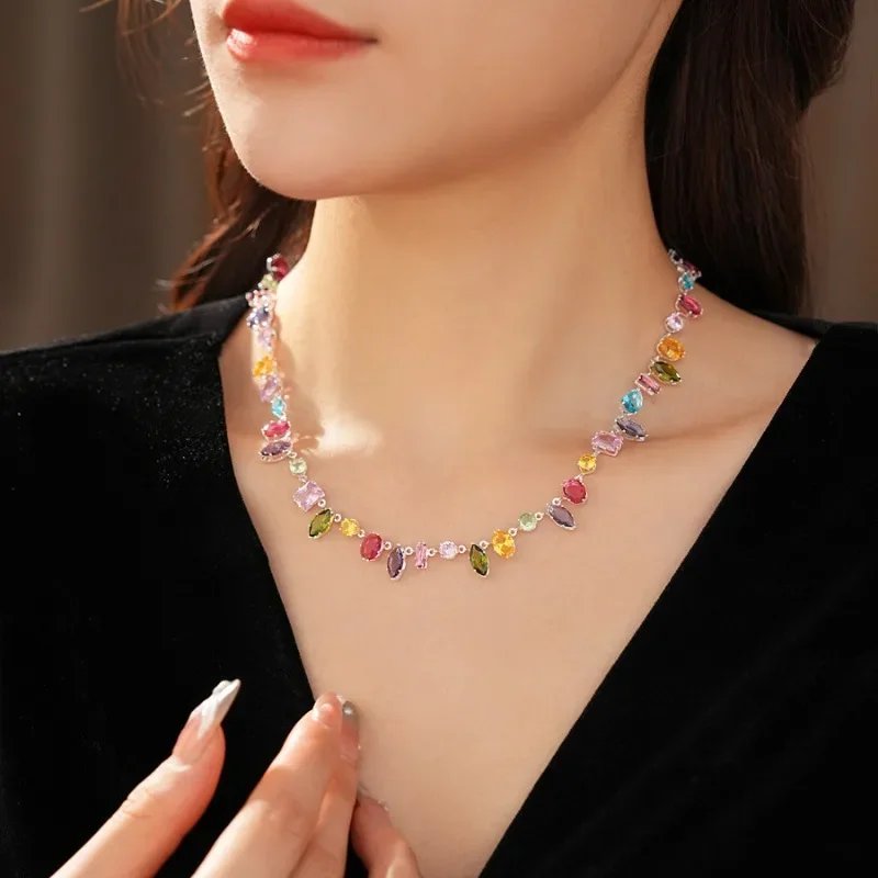 Colorful Dopamine Zircon Crystal Beaded Bohemian Charm Bracelet Necklace Earrings Set Summer Beach Jewelry Party Gift for Women