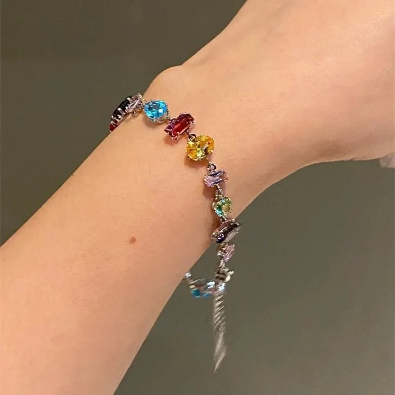 Colorful Dopamine Zircon Crystal Beaded Bohemian Charm Bracelet Necklace Earrings Set Summer Beach Jewelry Party Gift for Women