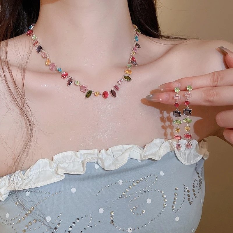 Colorful Dopamine Zircon Crystal Beaded Bohemian Charm Bracelet Necklace Earrings Set Summer Beach Jewelry Party Gift for Women