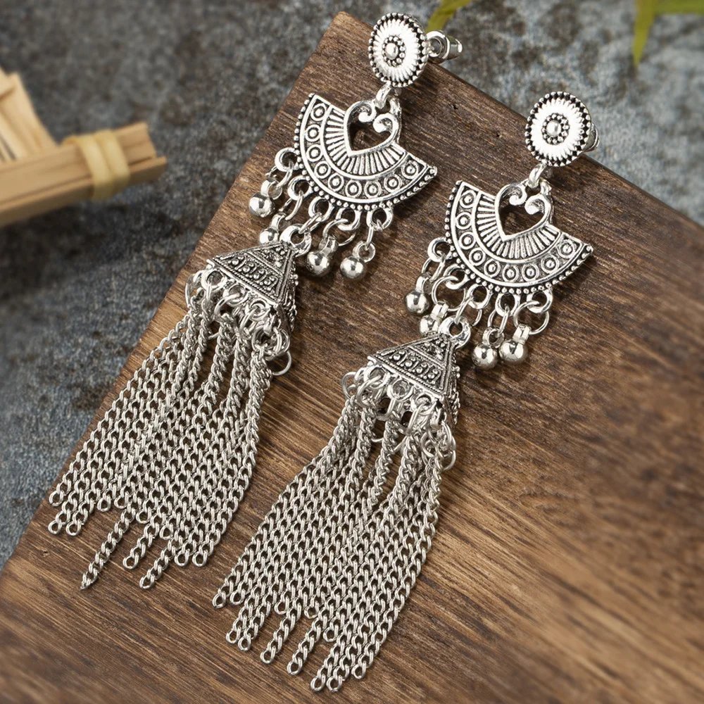 Gypsy Indian Jhumka Jewelry Ethnic Vintage Antique Alloy Carved Totem Bells Tassel Hanging Earrings For Women
