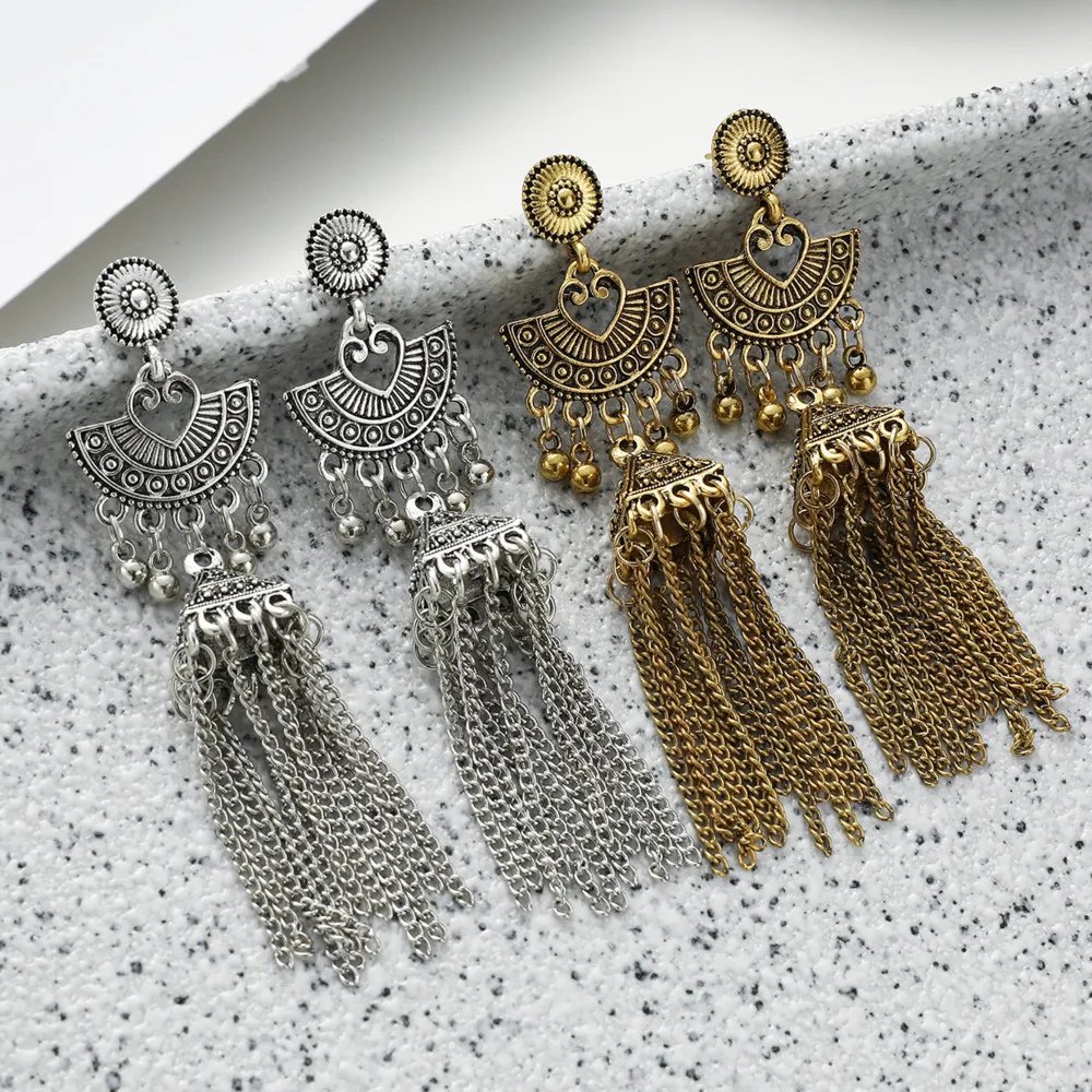Gypsy Indian Jhumka Jewelry Ethnic Vintage Antique Alloy Carved Totem Bells Tassel Hanging Earrings For Women