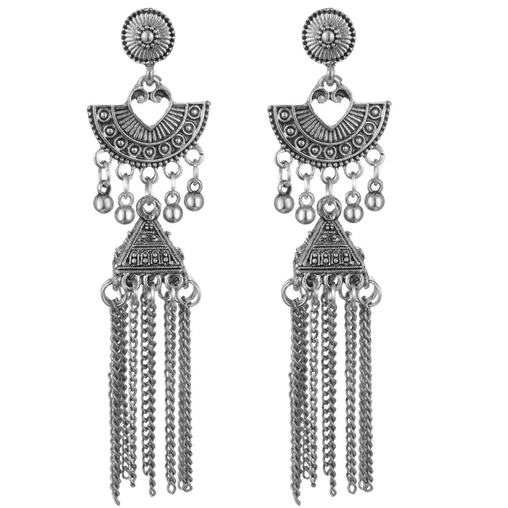 Gypsy Indian Jhumka Jewelry Ethnic Vintage Antique Alloy Carved Totem Bells Tassel Hanging Earrings For Women