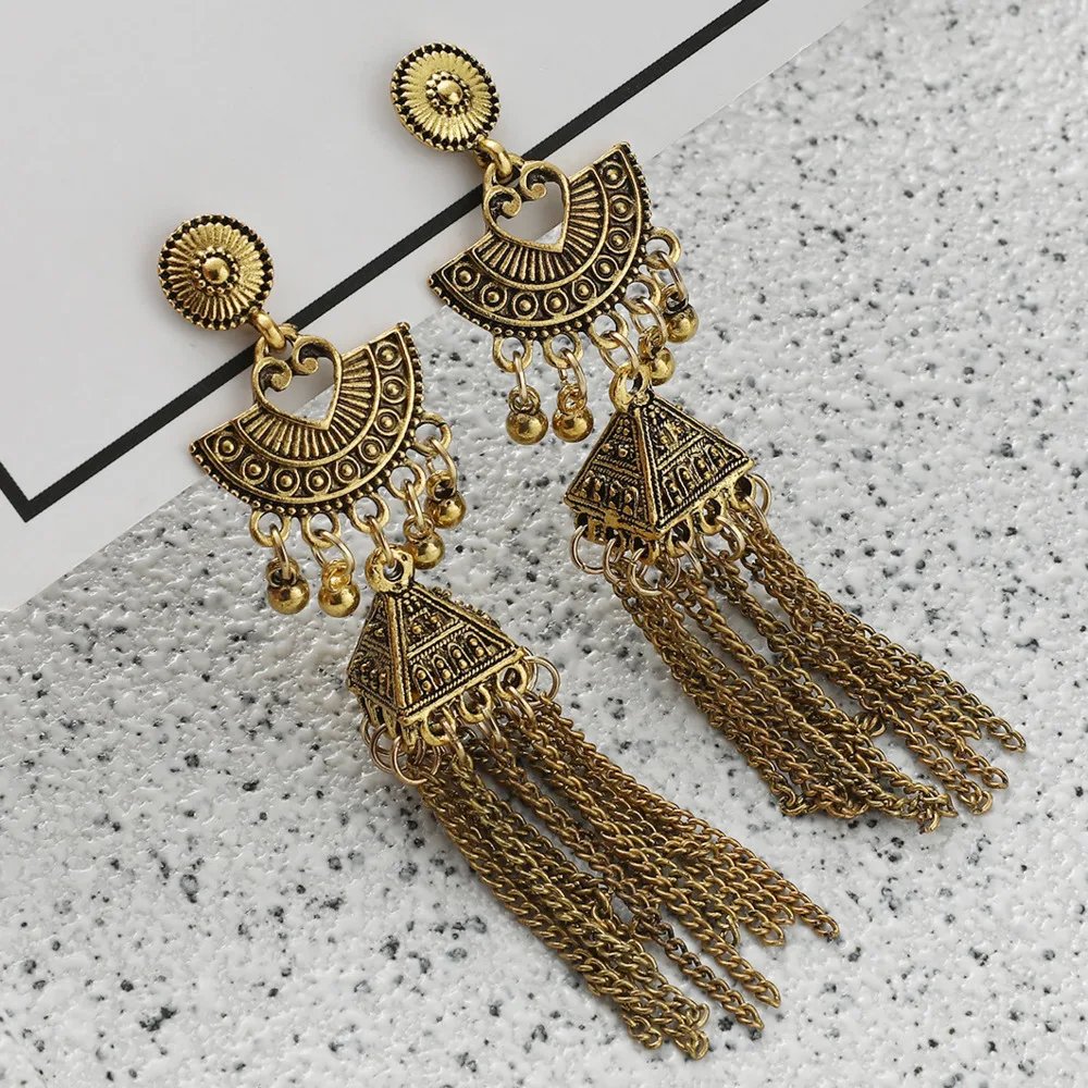 Gypsy Indian Jhumka Jewelry Ethnic Vintage Antique Alloy Carved Totem Bells Tassel Hanging Earrings For Women
